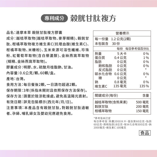達摩本草 日本專利穀胱甘肽複方 美白抗氧丸 60粒