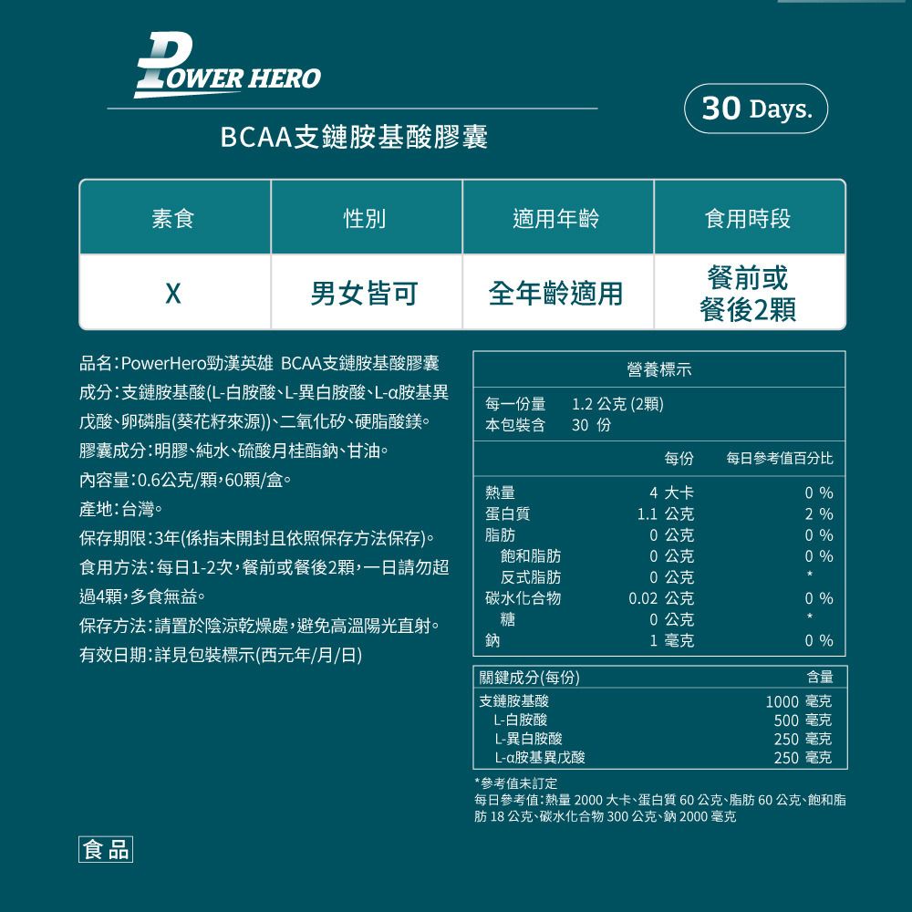 PowerHero 96% BCAA 支鏈胺基酸膠囊 60粒 <肌肉補給 減緩疲勞>