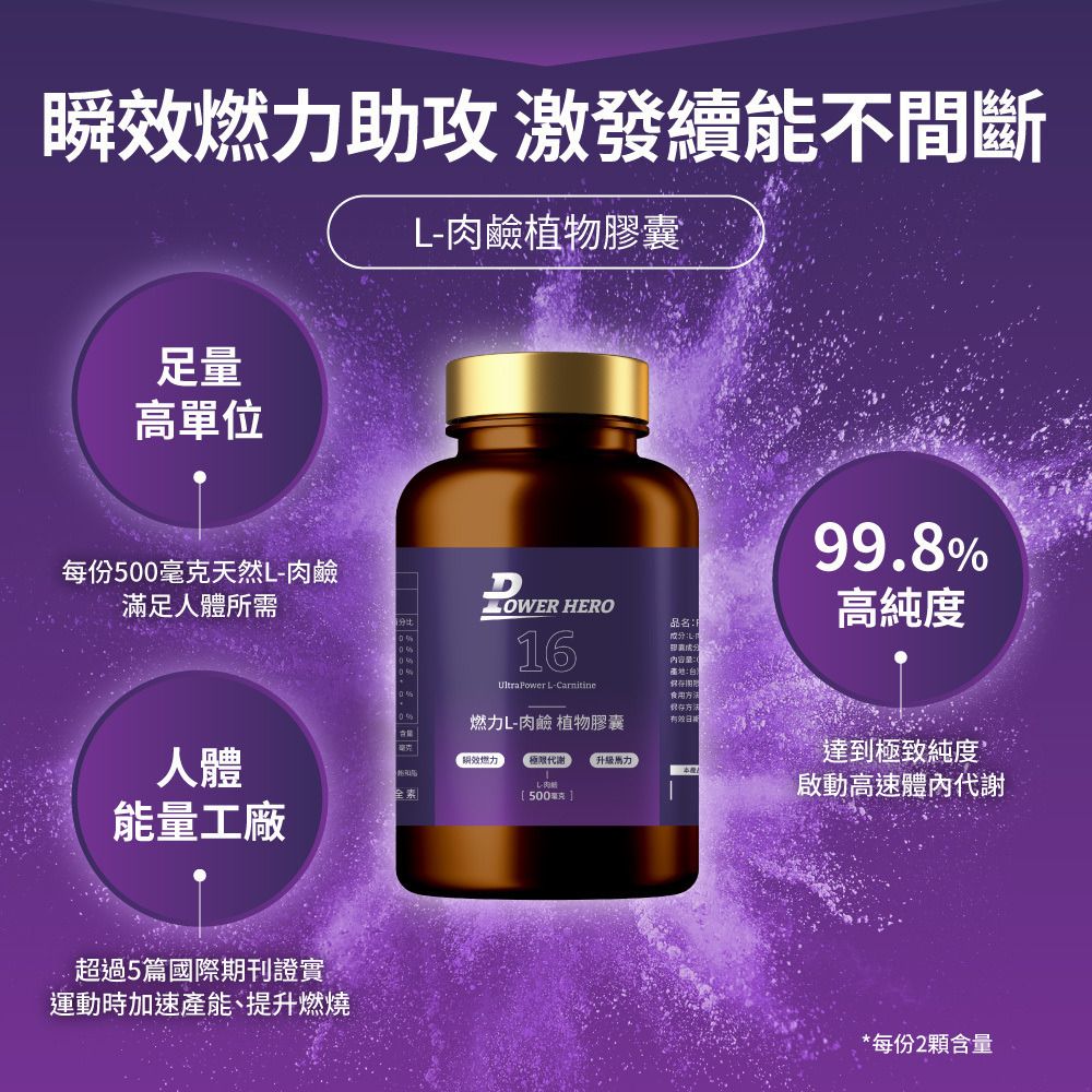 PowerHero 99.8%天然燃力L-肉鹼 60粒 <極限代謝減脂>